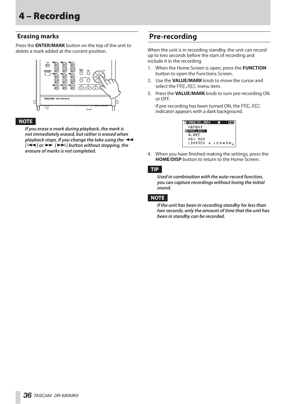 Erasing marks, Pre-recording, 4 – recording | Teac DR-680MKII User Manual | Page 36 / 60