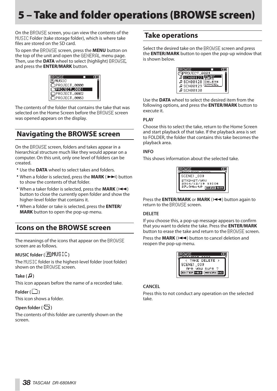 5 – take and folder operations (browse screen), Navigating the browse screen, Icons on the browse screen | Take operations, 5 – take and folder operations, Browse screen) | Teac DR-680MKII User Manual | Page 38 / 60