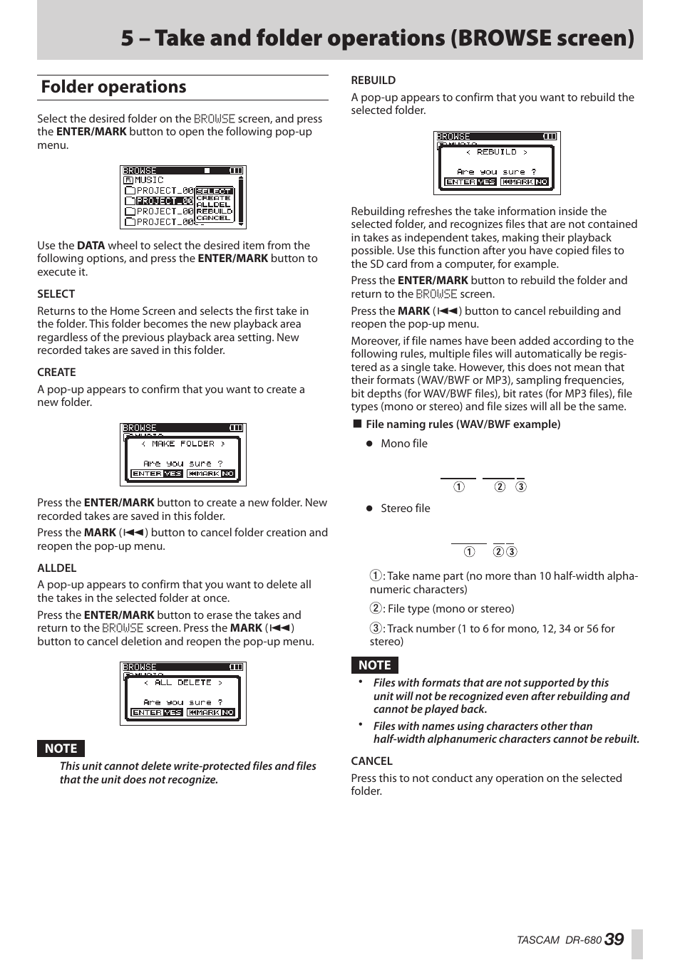 Folder operations, 5 – take and folder operations (browse screen) | Teac DR-680MKII User Manual | Page 39 / 60