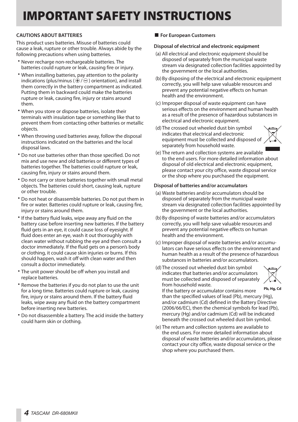 Important safety instructions | Teac DR-680MKII User Manual | Page 4 / 60