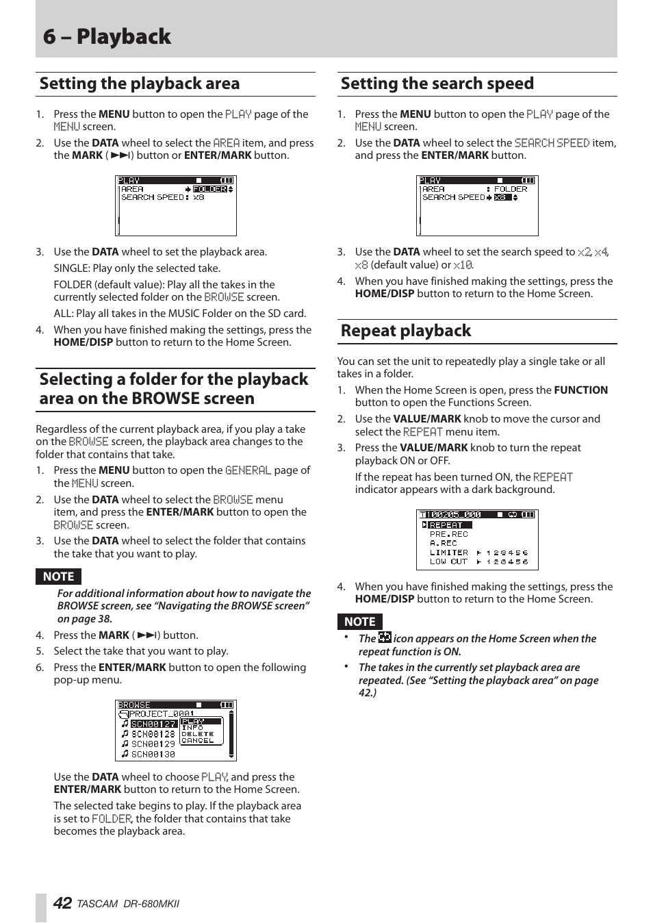 Setting the playback area, Setting the search speed, Repeat playback | 6 – playback | Teac DR-680MKII User Manual | Page 42 / 60