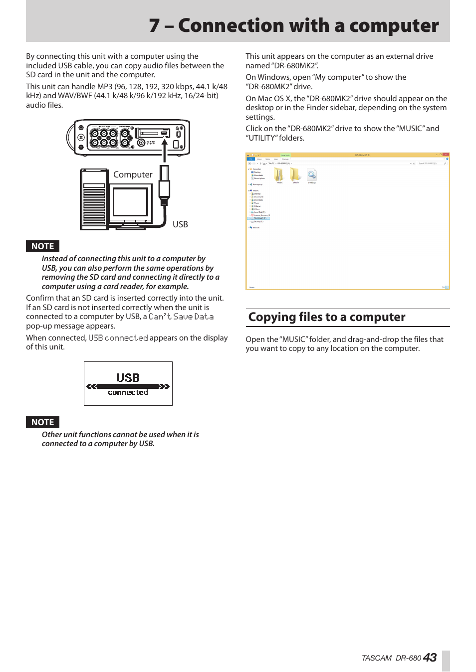 7 – connection with a computer, Copying files to a computer | Teac DR-680MKII User Manual | Page 43 / 60