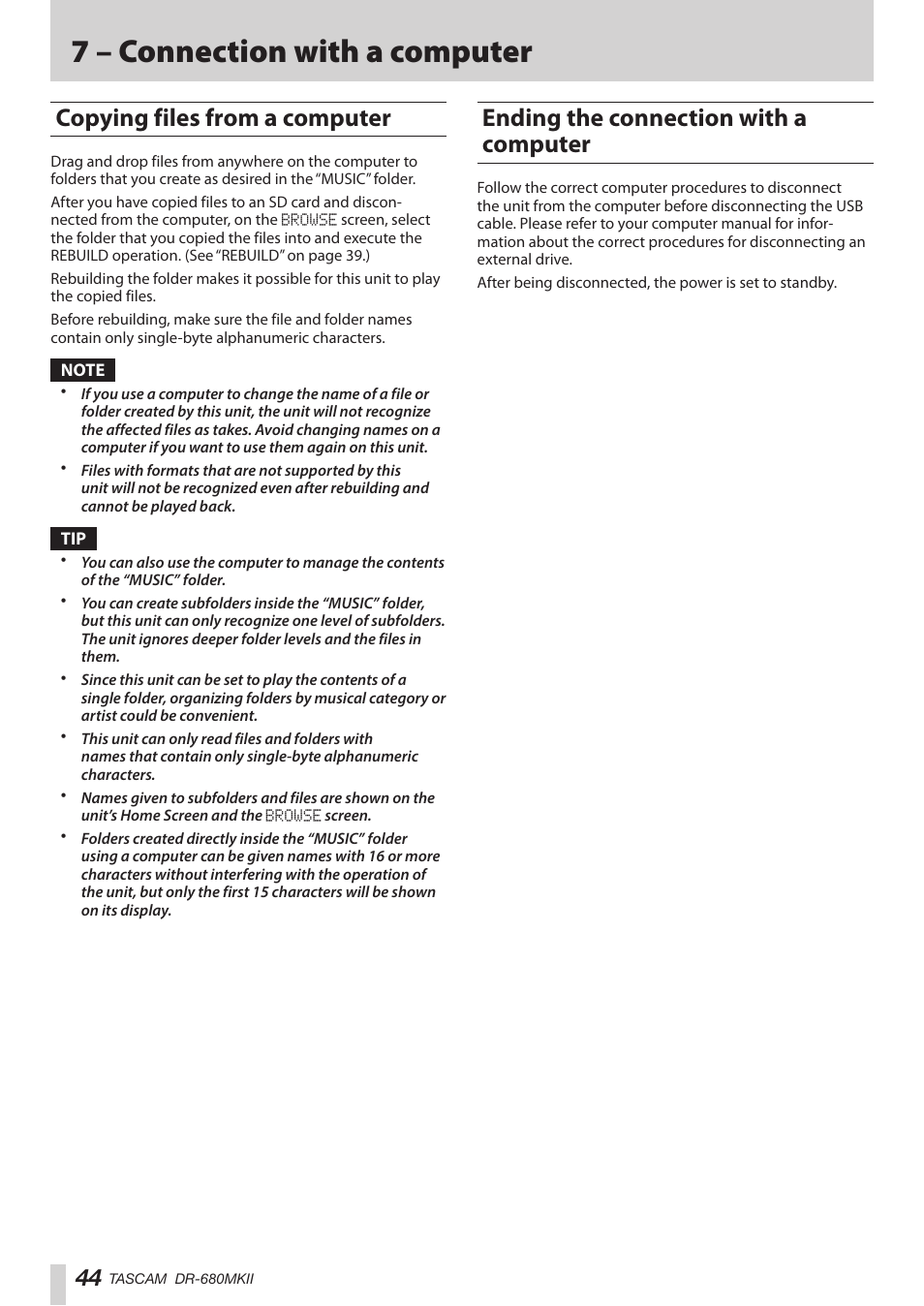 Copying files from a computer, Ending the connection with a computer, 7 – connection with a computer | Teac DR-680MKII User Manual | Page 44 / 60