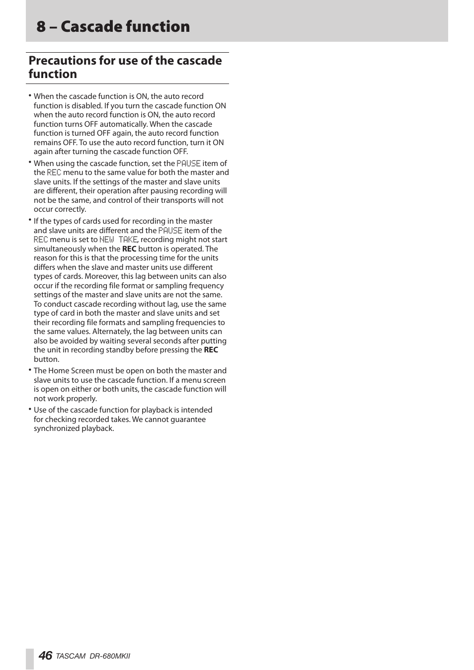 Precautions for use of the cascade function, 8 – cascade function | Teac DR-680MKII User Manual | Page 46 / 60