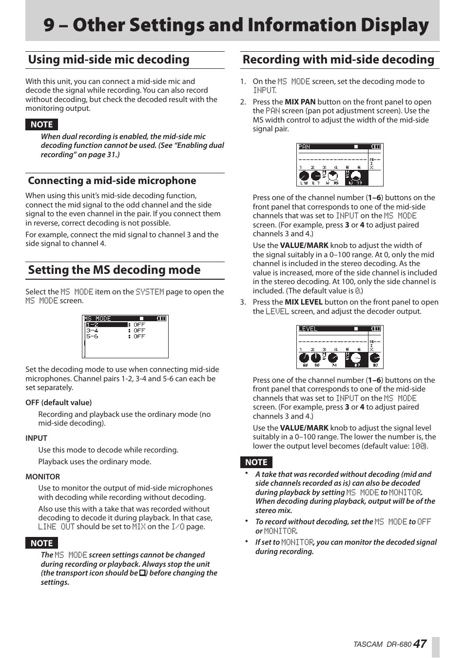 9 – other settings and information display, Using mid-side mic decoding, Connecting a mid-side microphone | Setting the ms decoding mode, Recording with mid-side decoding, 9 – other settings and information, Display | Teac DR-680MKII User Manual | Page 47 / 60