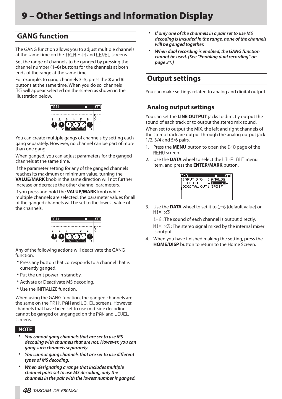 Gang function, Output settings, Analog output settings | Gang function output settings, 9 – other settings and information display | Teac DR-680MKII User Manual | Page 48 / 60