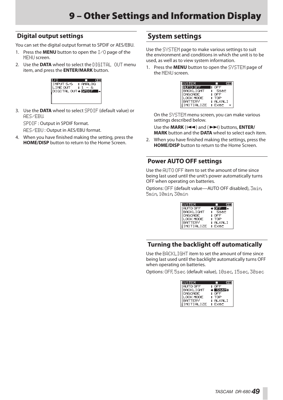 Digital output settings, System settings, Power auto off settings | Turning the backlight off automatically, 9 – other settings and information display | Teac DR-680MKII User Manual | Page 49 / 60