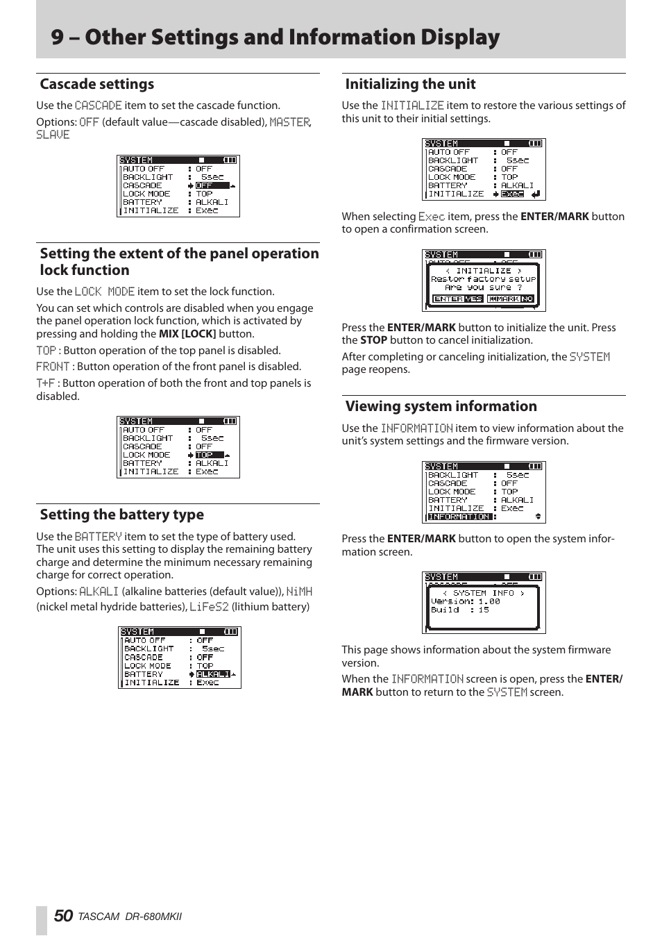 Cascade settings, Setting the battery type, Initializing the unit | Viewing system information, 9 – other settings and information display | Teac DR-680MKII User Manual | Page 50 / 60