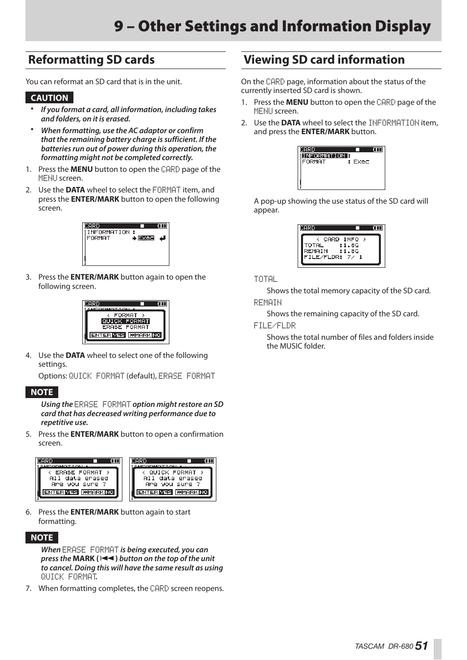 Reformatting sd cards, Viewing sd card information, Reformatting sd cards viewing sd card information | 9 – other settings and information display | Teac DR-680MKII User Manual | Page 51 / 60