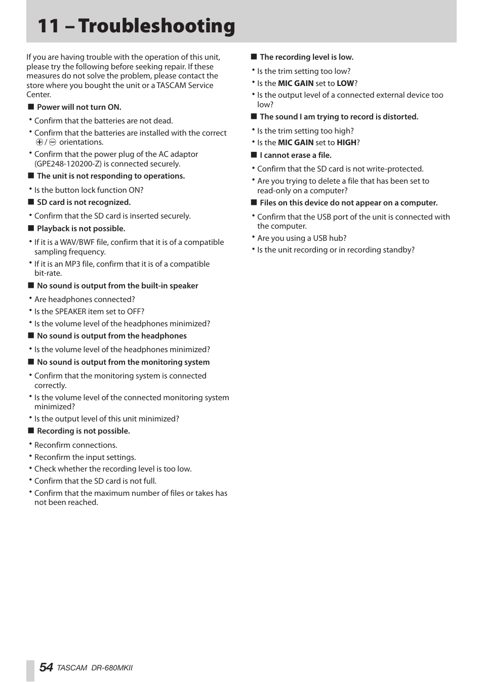 11 – troubleshooting | Teac DR-680MKII User Manual | Page 54 / 60