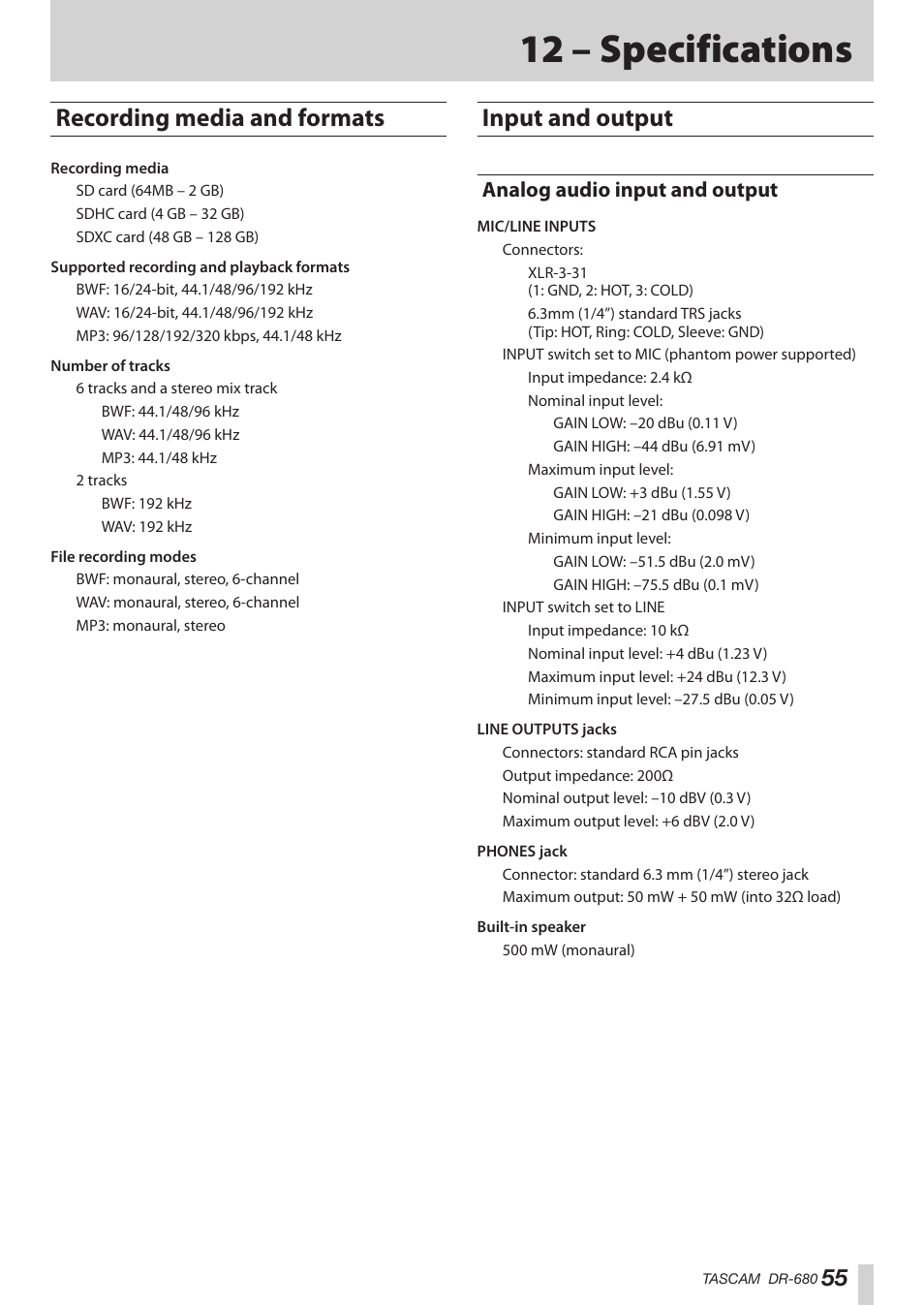 12 – specifications, Recording media and formats, Input and output | Analog audio input and output, Recording media and formats input and output | Teac DR-680MKII User Manual | Page 55 / 60