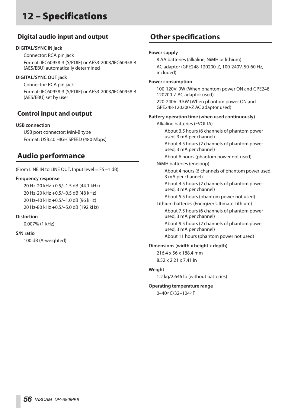 Digital audio input and output, Control input and output, Audio performance | Other specifications, Audio performance other specifications, 12 – specifications | Teac DR-680MKII User Manual | Page 56 / 60