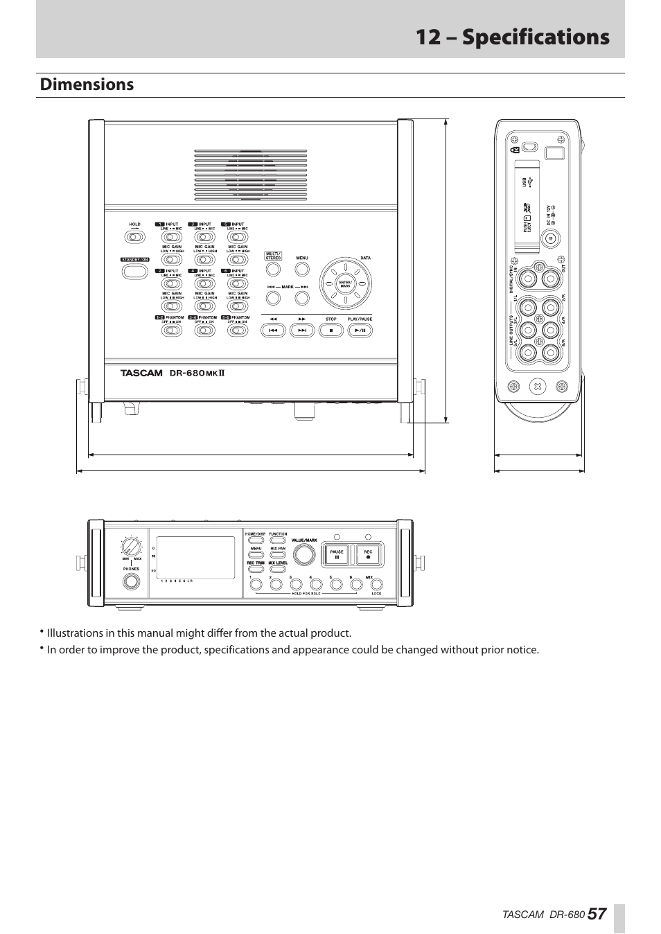 Dimensions, 12 – specifications | Teac DR-680MKII User Manual | Page 57 / 60