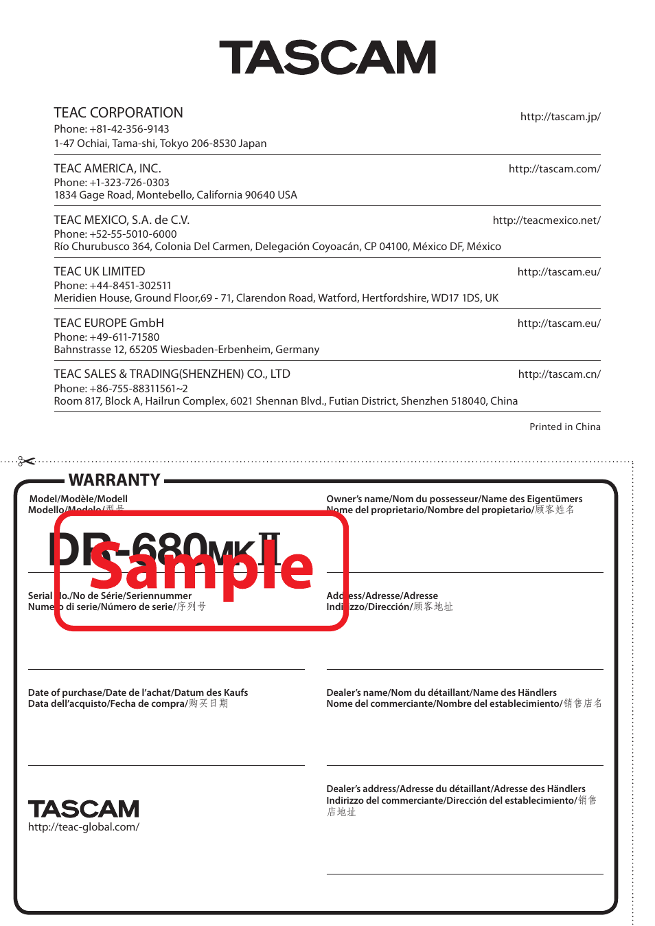 Dr-680, Warranty, Teac corporation | Teac DR-680MKII User Manual | Page 60 / 60