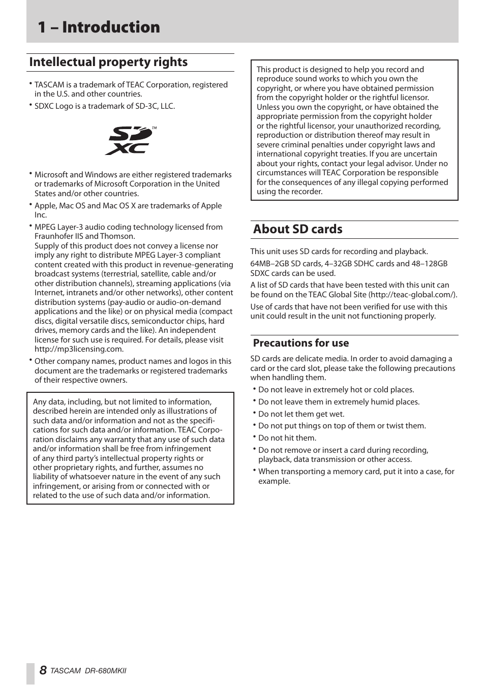 Intellectual property rights, About sd cards, Precautions for use | Intellectual property rights about sd cards, 1 – introduction | Teac DR-680MKII User Manual | Page 8 / 60