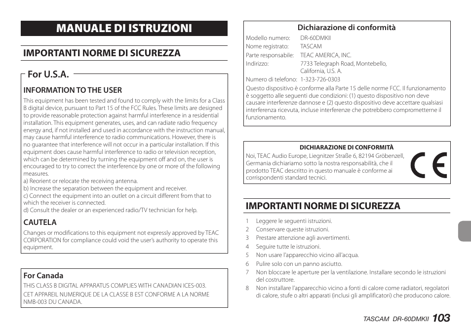 Manuale di istruzioni, Importanti norme di sicurezza, For u.s.a | Teac DR-60DMKII User Manual | Page 103 / 152