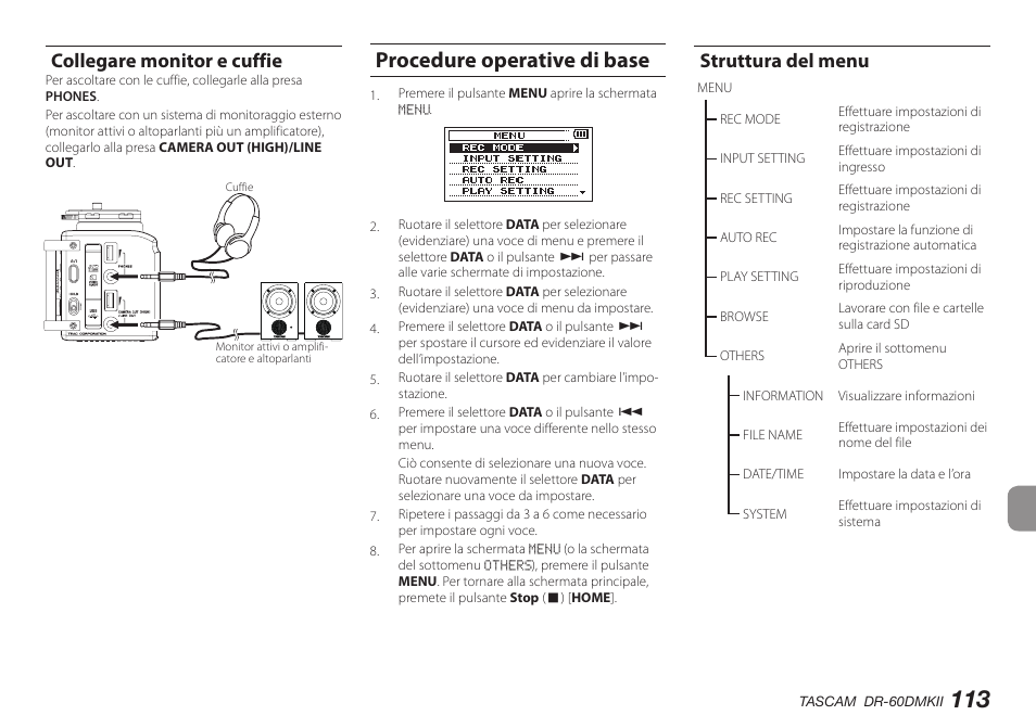 Collegare monitor e cuffie, Procedure operative di base, Struttura del menu | Teac DR-60DMKII User Manual | Page 113 / 152