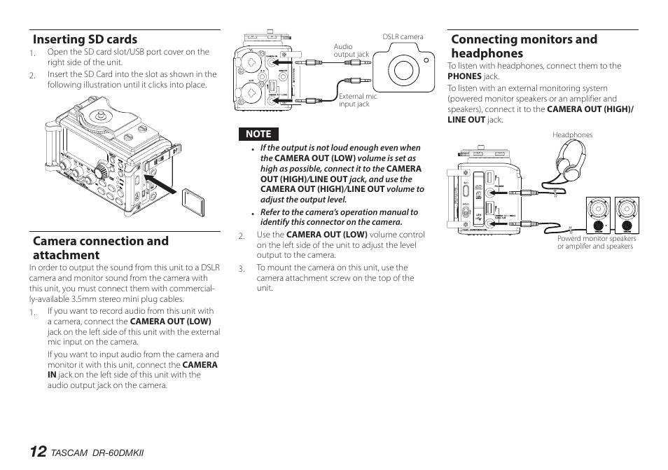 Inserting sd cards, Camera connection and attachment, Connecting monitors and headphones | Teac DR-60DMKII User Manual | Page 12 / 152