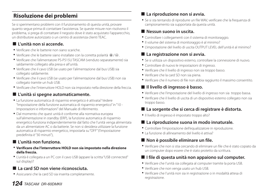 Risoluzione dei problemi | Teac DR-60DMKII User Manual | Page 124 / 152