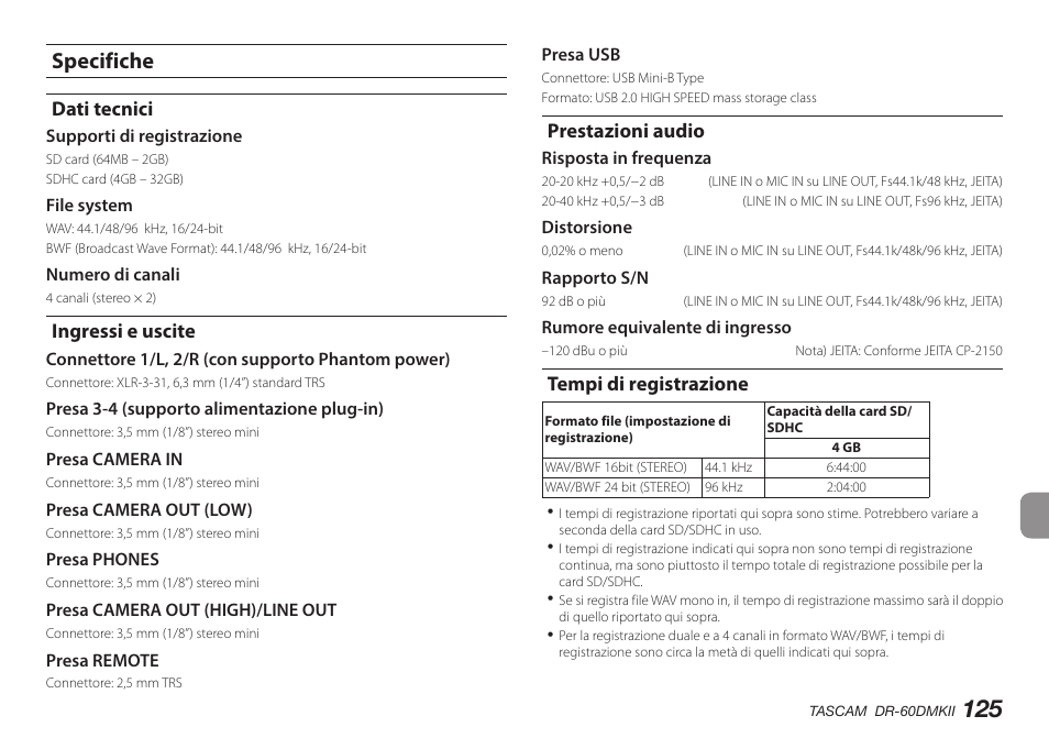 Specifiche, Dati tecnici, Ingressi e uscite | Prestazioni audio, Tempi di registrazione | Teac DR-60DMKII User Manual | Page 125 / 152