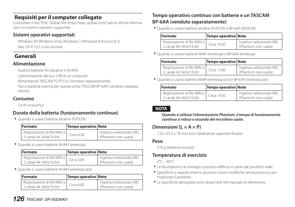 Requisiti per il computer collegato, Generali | Teac DR-60DMKII User Manual | Page 126 / 152