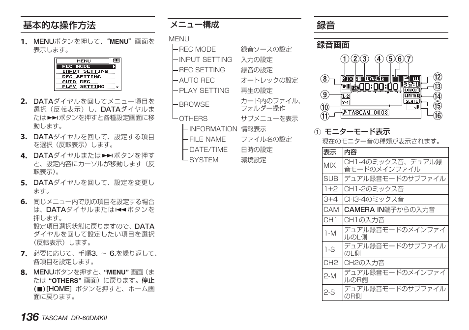 基本的な操作方法, メニュー構成, 録音画面 | Teac DR-60DMKII User Manual | Page 136 / 152