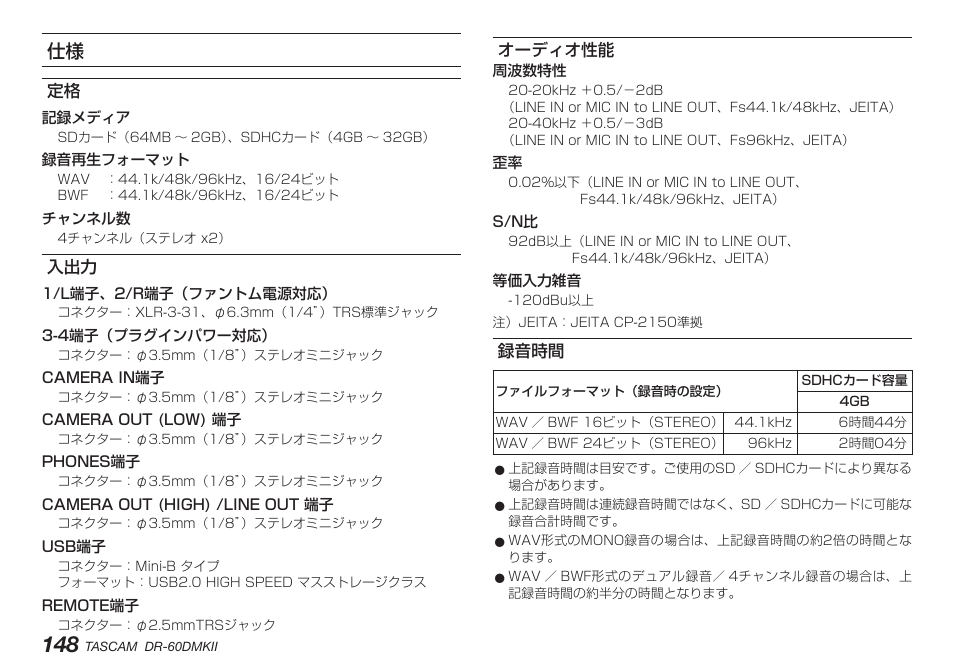 オーディオ性能, 録音時間, 定格 入出力 オーディオ性能 録音時間 | Teac DR-60DMKII User Manual | Page 148 / 152