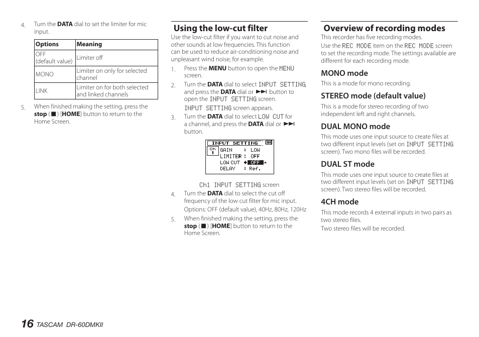 Using the low-cut filter, Overview of recording modes, Mono mode | Stereo mode (default value), Dual mono mode, Dual st mode, 4ch mode | Teac DR-60DMKII User Manual | Page 16 / 152