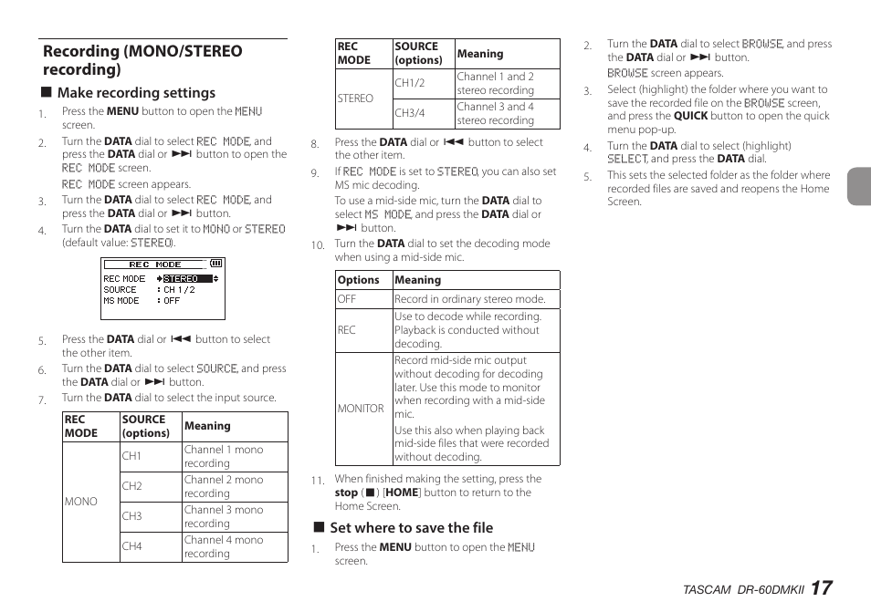 Recording (mono/stereo recording), 8 make recording settings, 8 set where to save the file | Teac DR-60DMKII User Manual | Page 17 / 152