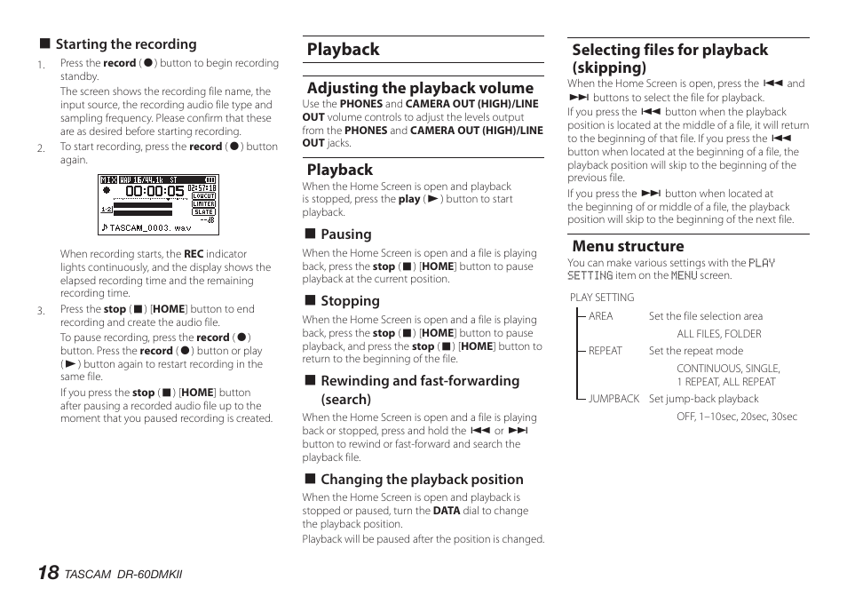 Playback, Adjusting the playback volume, Selecting files for playback (skipping) | Menu structure | Teac DR-60DMKII User Manual | Page 18 / 152