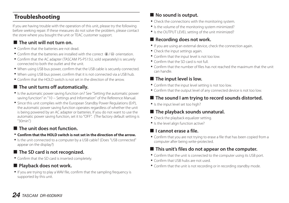 Troubleshooting | Teac DR-60DMKII User Manual | Page 24 / 152