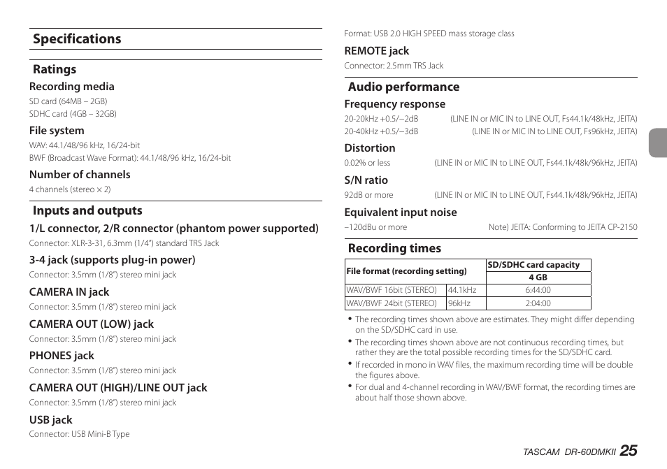 Specifications, Ratings, Inputs and outputs | Audio performance, Recording times | Teac DR-60DMKII User Manual | Page 25 / 152