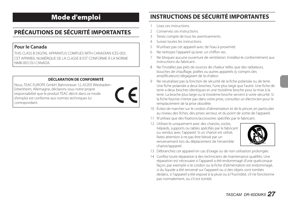 Mode d'emploi, Précautions de sécurité importantes, Instructions de sécurité importantes | Teac DR-60DMKII User Manual | Page 27 / 152