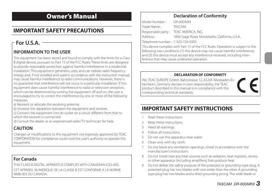 Owner’s manual, Important safety precautions, For u.s.a | Important safety instructions | Teac DR-60DMKII User Manual | Page 3 / 152