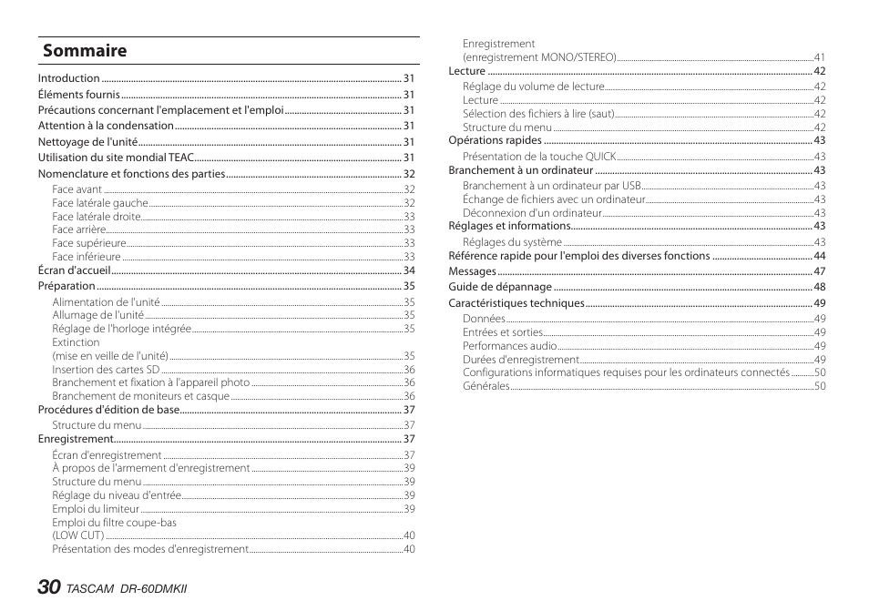 Sommaire | Teac DR-60DMKII User Manual | Page 30 / 152