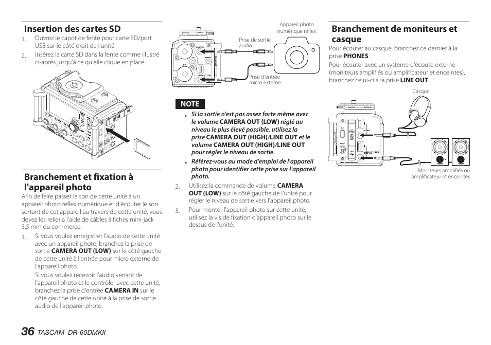 Insertion des cartes sd, Branchement et fixation à l'appareil photo, Branchement de moniteurs et casque | Teac DR-60DMKII User Manual | Page 36 / 152