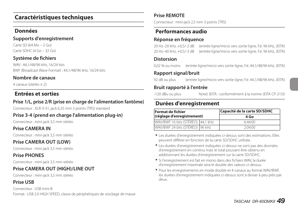 Caractéristiques techniques, Données, Entrées et sorties | Performances audio, Durées d'enregistrement | Teac DR-60DMKII User Manual | Page 49 / 152