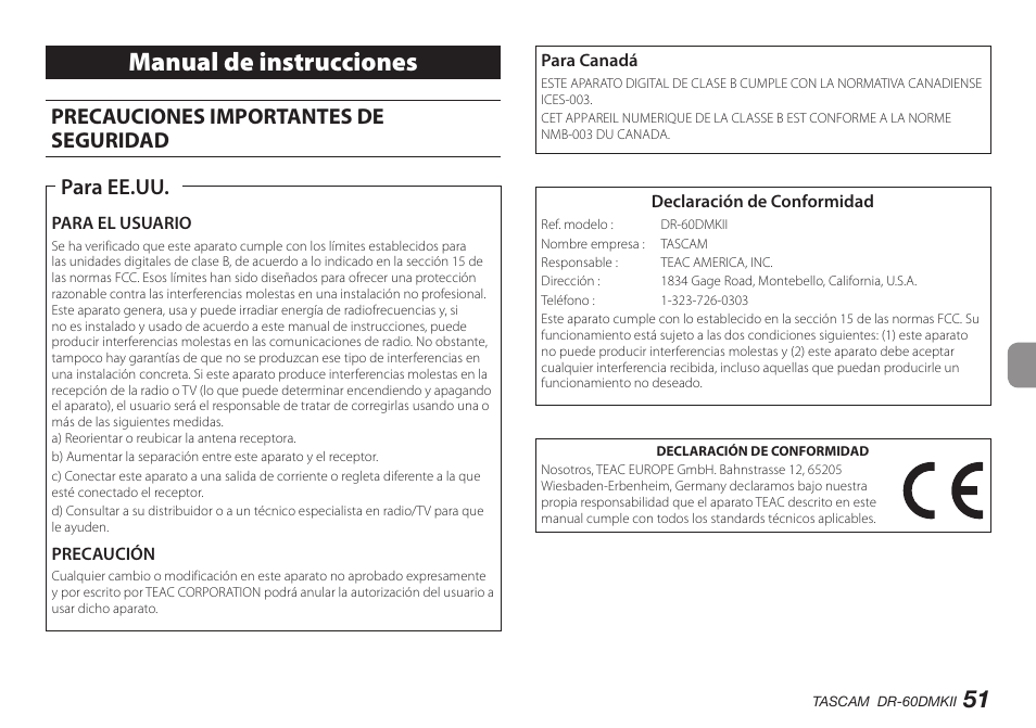 Manual de instrucciones, Precauciones importantes de seguridad, Para ee.uu | Teac DR-60DMKII User Manual | Page 51 / 152