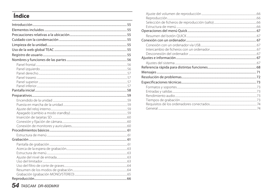 Índice | Teac DR-60DMKII User Manual | Page 54 / 152