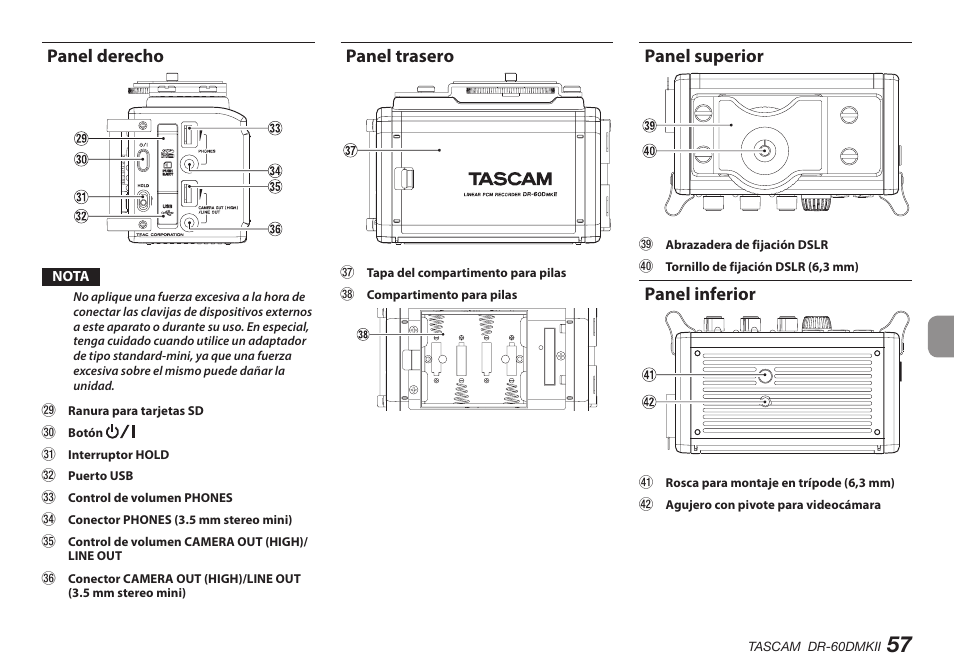 Panel derecho, Panel trasero, Panel superior | Panel inferior | Teac DR-60DMKII User Manual | Page 57 / 152