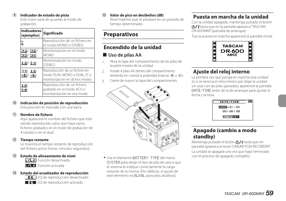 Preparativos, Encendido de la unidad, Puesta en marcha de la unidad | Ajuste del reloj interno, Apagado (cambio a modo standby), Puesta en marcha de la unida | Teac DR-60DMKII User Manual | Page 59 / 152