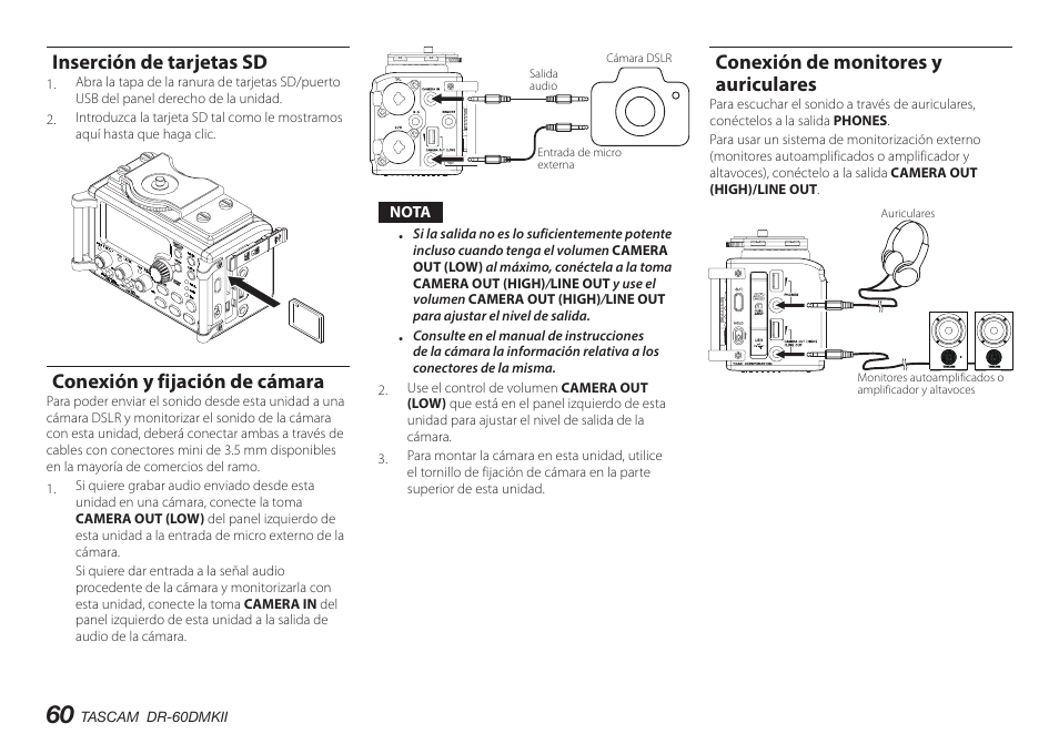 Inserción de tarjetas sd, Conexión y fijación de cámara, Conexión de monitores y auriculares | Teac DR-60DMKII User Manual | Page 60 / 152