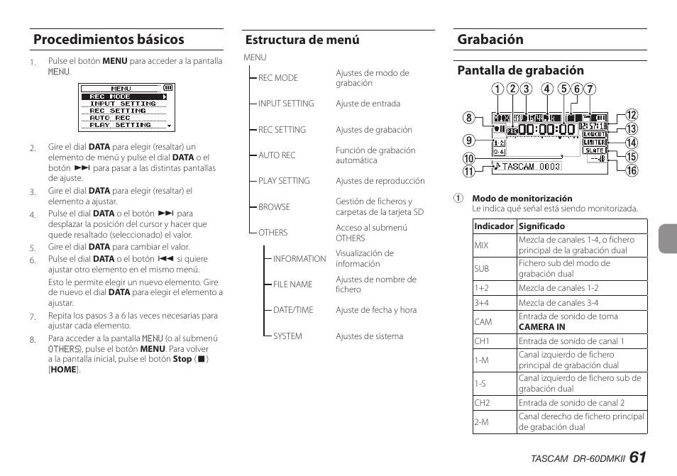 Procedimientos básicos, Estructura de menú, Grabación | Recording screen, Pantalla de grabación | Teac DR-60DMKII User Manual | Page 61 / 152