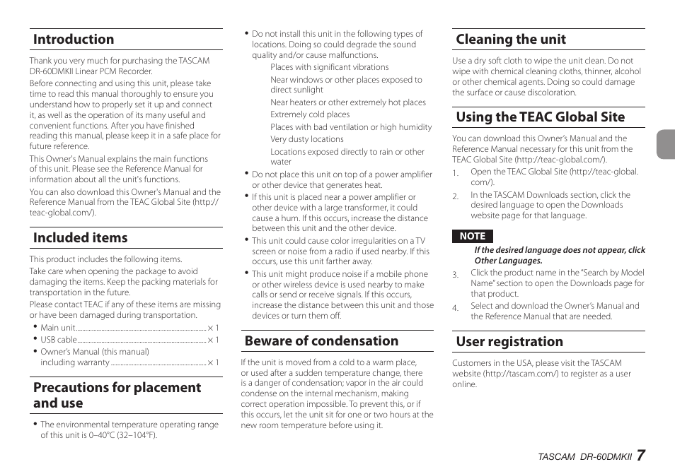 Introduction, Included items, Precautions for placement and use | Beware of condensation, Cleaning the unit, Using the teac global site, User registration | Teac DR-60DMKII User Manual | Page 7 / 152