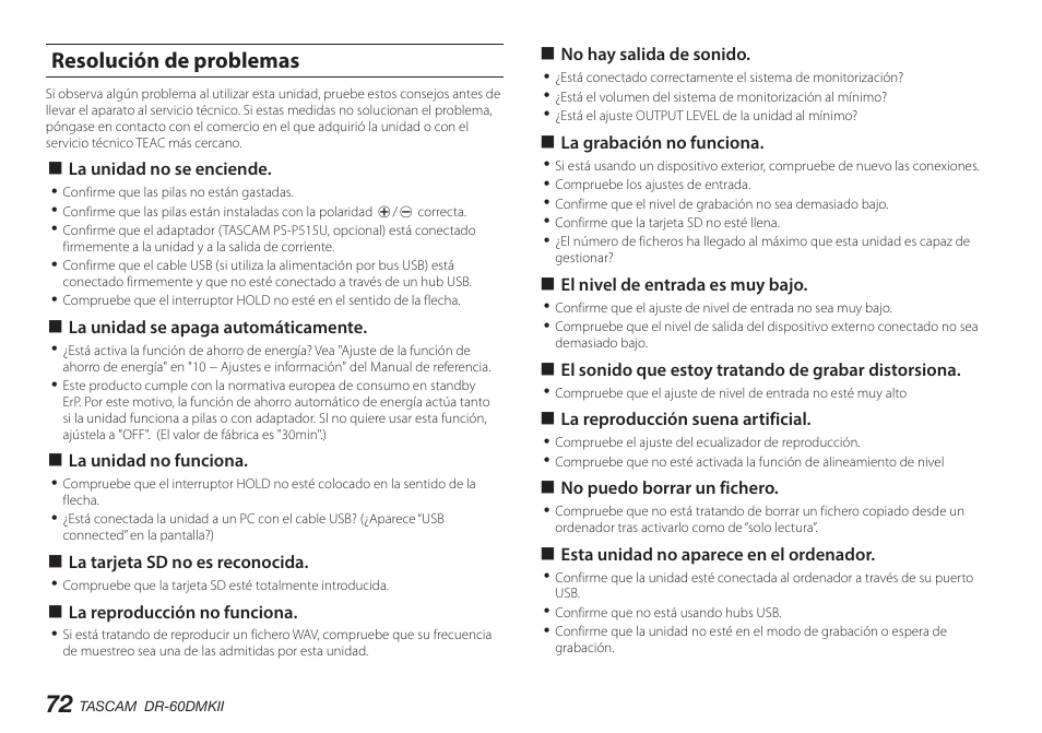 Resolución de problemas, Resolución de problem | Teac DR-60DMKII User Manual | Page 72 / 152