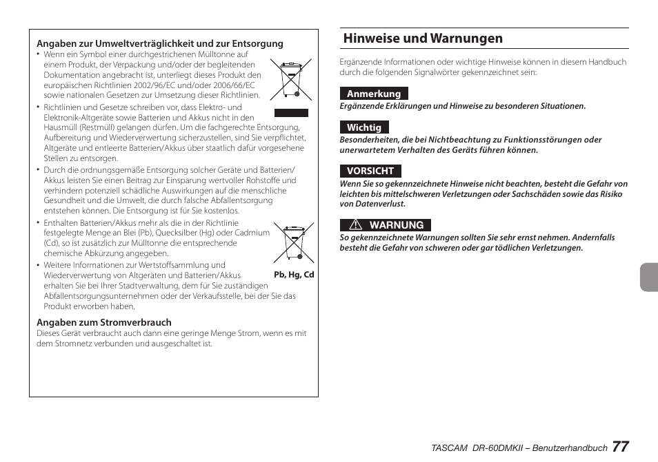 Hinweise und warnungen | Teac DR-60DMKII User Manual | Page 77 / 152