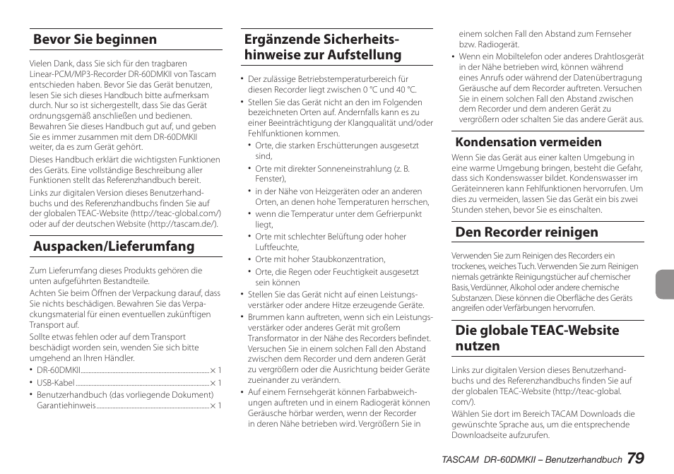 Bevor sie beginnen, Auspacken/lieferumfang, Ergänzende sicherheits- hinweise zur aufstellung | Kondensation vermeiden, Den recorder reinigen, Die globale teac-website nutzen | Teac DR-60DMKII User Manual | Page 79 / 152