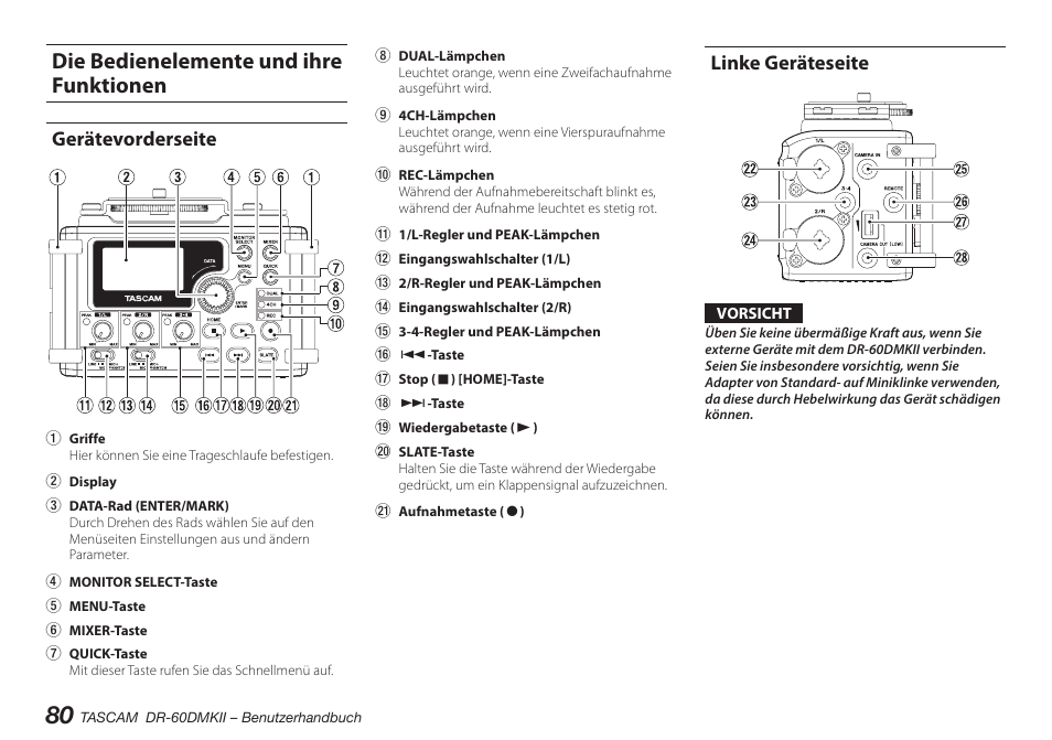 Die bedienelemente und ihre funktionen, Gerätevorderseite, Linke geräteseite | Teac DR-60DMKII User Manual | Page 80 / 152