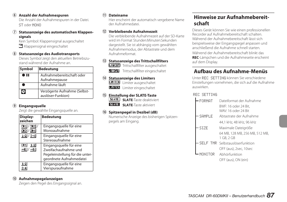 Hinweise zur aufnahmebereitschaft, Aufbau des aufnahme-menüs, Hinweise zur aufnahmebereit- schaft | Teac DR-60DMKII User Manual | Page 87 / 152