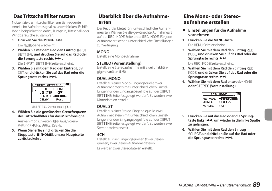 Das trittschallfilter nutzen, Überblick über die aufnahmearten, Eine mono- oder stereo­aufnahme erstellen | Eine mono- oder stereo aufnahme erstellen, Überblick über die aufnahme- arten, Eine mono- oder stereo- aufnahme erstellen | Teac DR-60DMKII User Manual | Page 89 / 152